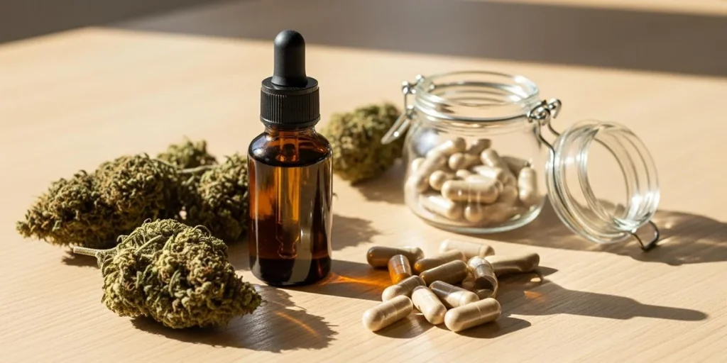 Un flacon d'huile de CBD disposé à côté de gélules et de fleurs de chanvre séchées sur une table en bois claire, baignée par une lumière naturelle, illustrant la diversité des formes disponibles de CBD.