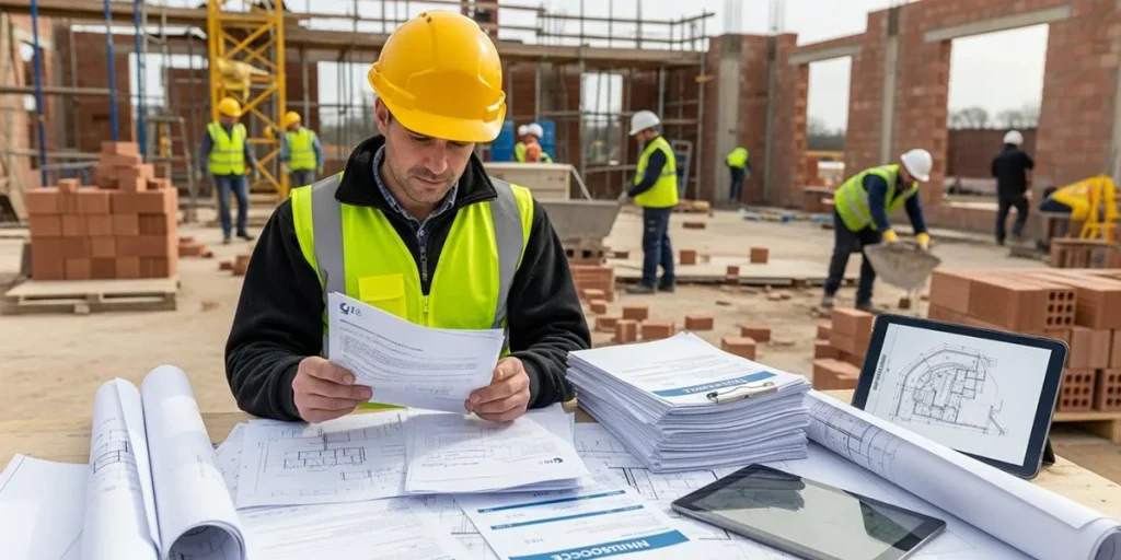 Un chantier de construction avec des documents administratifs.