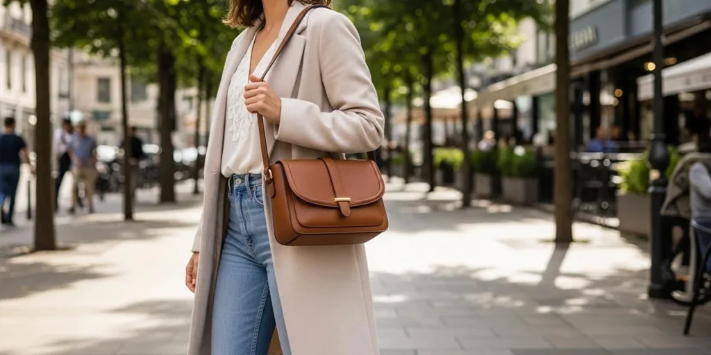 Un joli sac marron en bandoulière avec un manteau