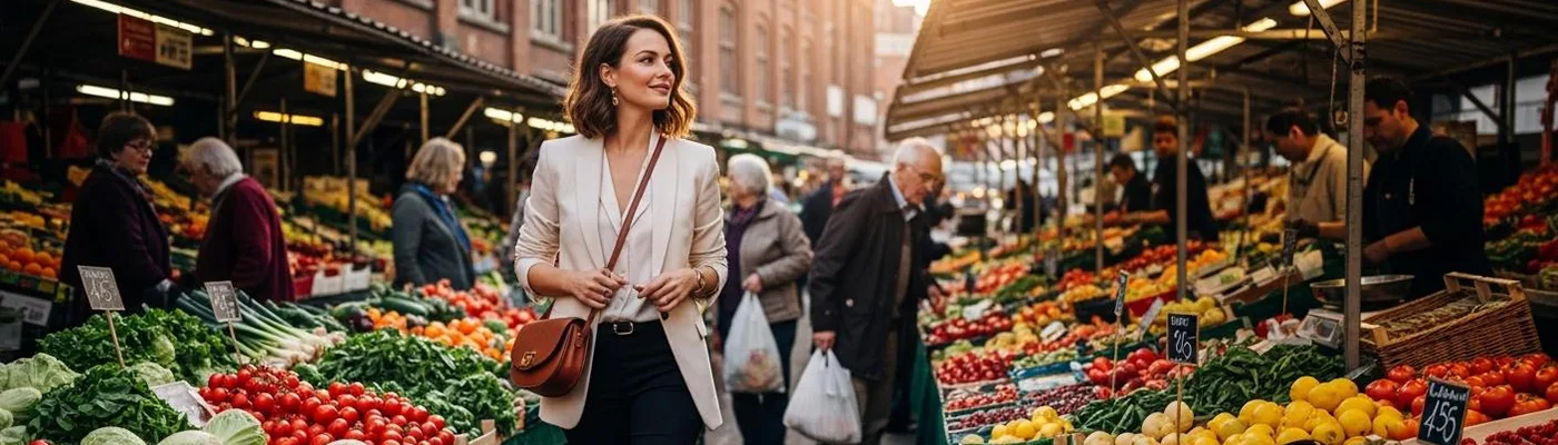 Une femme portant un sac marron en bandoulière au marché