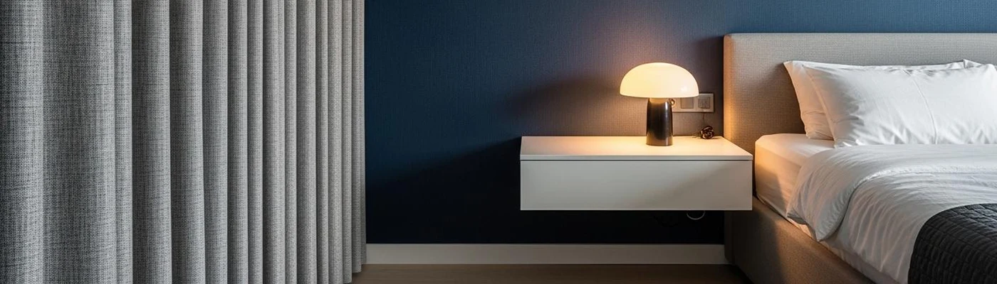 table de chevet tendance dans une chambre bleue