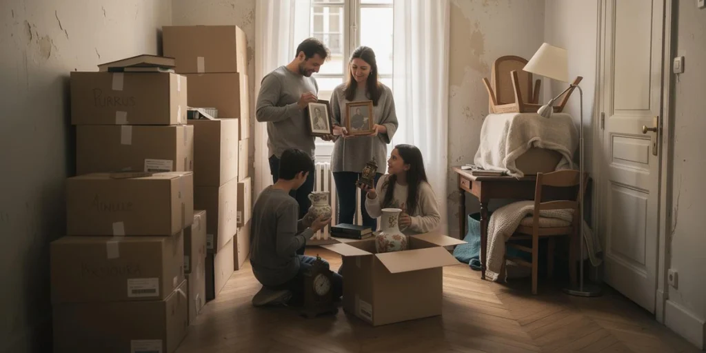 Une famille rassemble ses affaires pour déménager