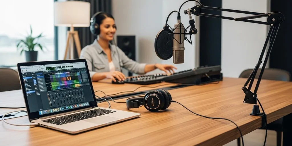Une femme devant un micro enregistre sa voix