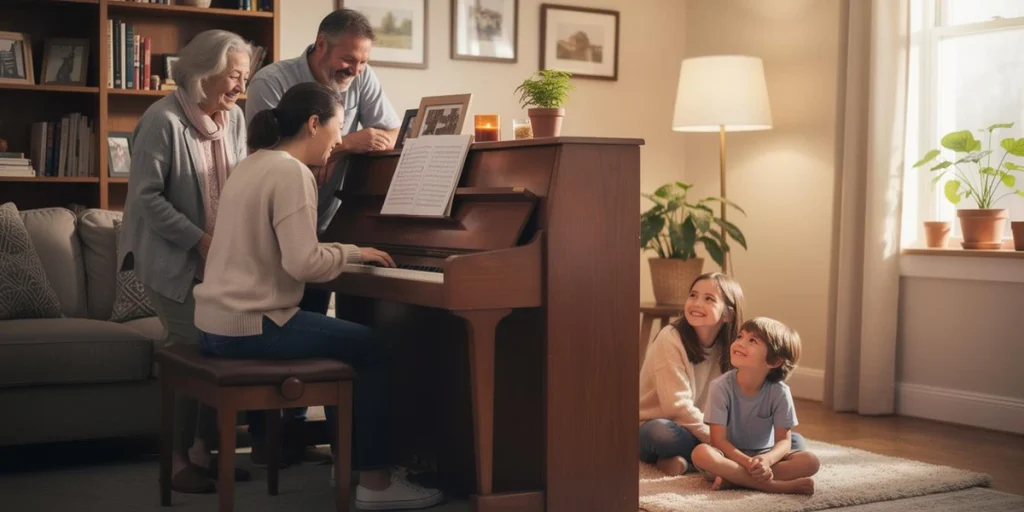 photo d'une famille passant un bon moment autour d'un piano