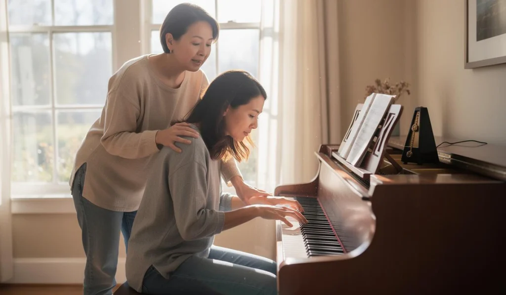 photo d'une femme aprennant le piano avec sa prof