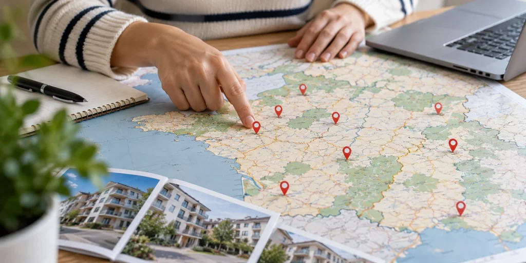 une carte géographique avec des logements dans plusieurs communes