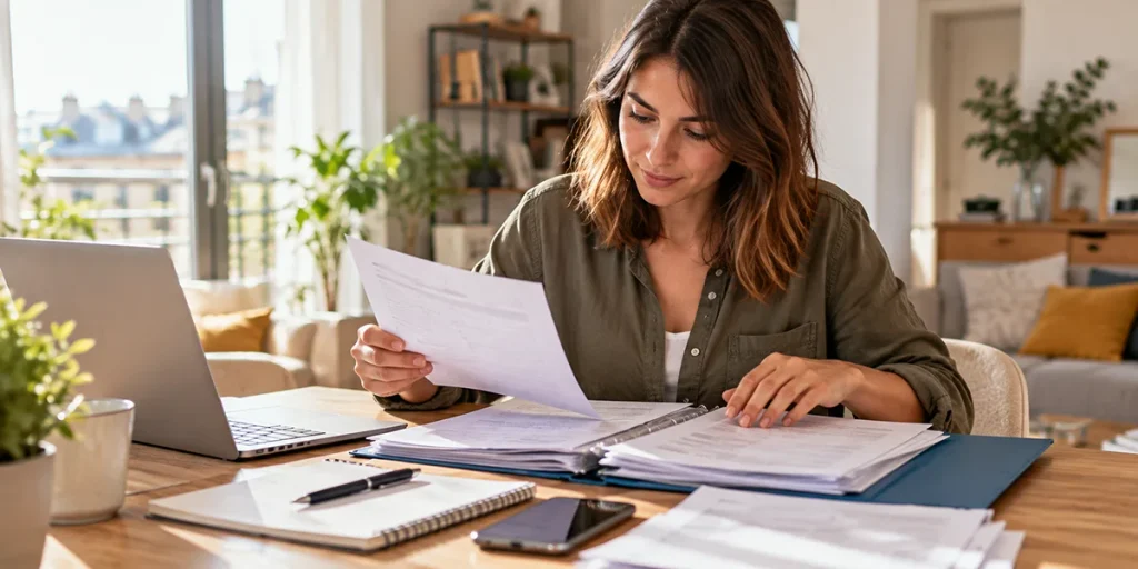 photo d'une femme organisant des documents pour trouver un logement