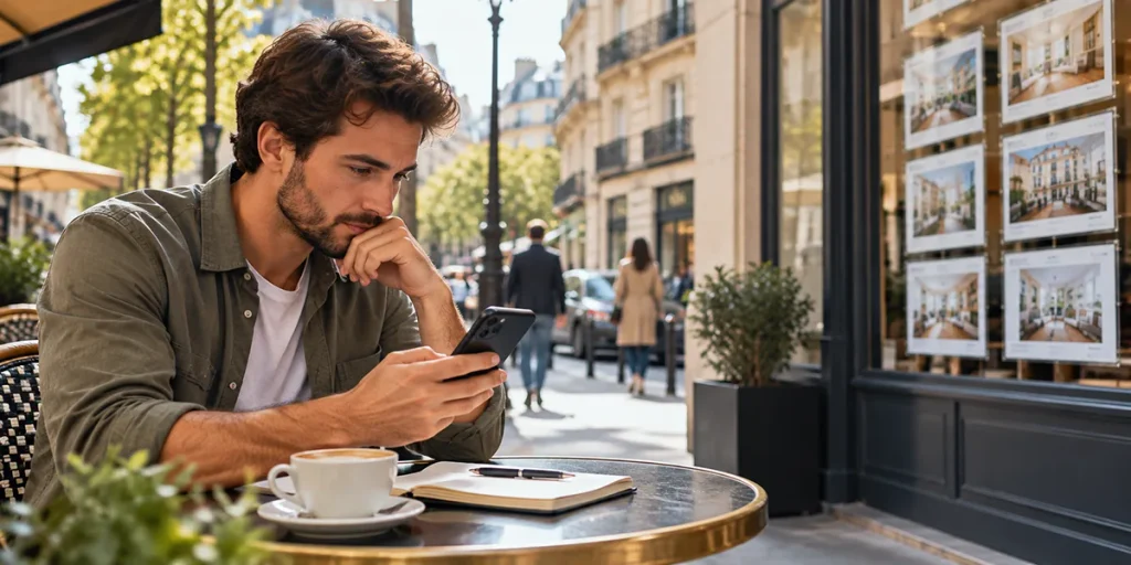 Photo d'un homme assis à un café recherchant logement sur smartphone à paris