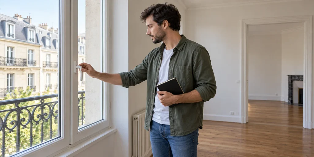 Photo d'un homme vérifiant une fenêtre avant de louer un appartement