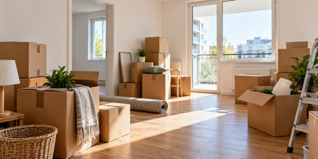 photo d'un logement vide avec des cartons de déménagement