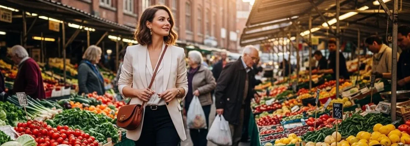 Une femme portant un sac marron en bandoulière au marché