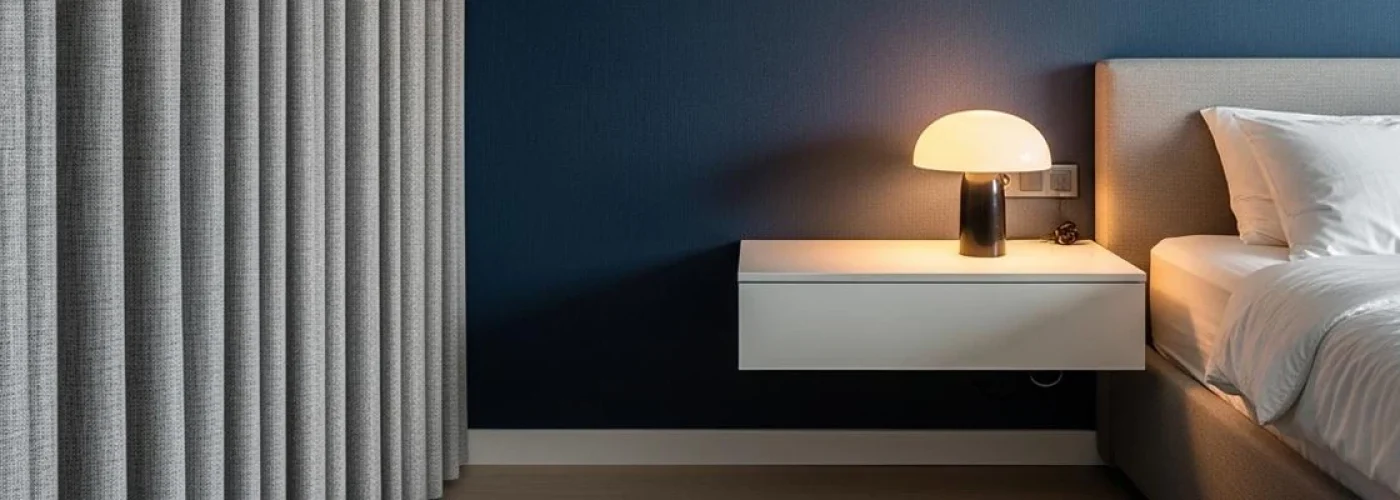table de chevet tendance dans une chambre bleue